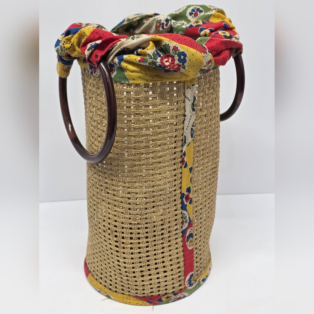 Vintage, Hand-crafted Straw Bucket Bag W/ Floral Fabric & Retro Ring Handles